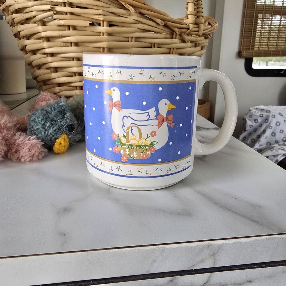 vintage "Blue Ribbon" ceramic mug country with geese wearing bows basket of eggs